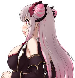 Rule 34 | 1girl, nanashi inc., black sleeves, blush, breasts, brown eyes, commentary request, cone hair bun, detached sleeves, grey hair, hair bun, highres, honey strap, jyaco, large breasts, long hair, looking down, multicolored hair, necktie, open mouth, pink hair, pointy ears, red necktie, shirt, simple background, sleeveless, sleeveless shirt, solo, streaked hair, suou patra, transparent background, upper body, virtual youtuber