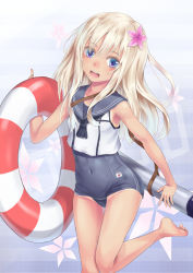 Rule 34 | 10s, 1girl, barefoot, blonde hair, blue eyes, crop top, doonatsu., flower, hair flower, hair ornament, kantai collection, lifebuoy, long hair, one-piece swimsuit, ro-500 (kancolle), sailor collar, school swimsuit, swim ring, swimsuit, swimsuit under clothes, tan, tanline, torpedo