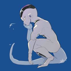 Rule 34 | 1boy, alien, arm support, artist request, blue background, dragon ball, expressionless, frieza, full body, muscular, pectorals, red eyes, solo, squatting, tail