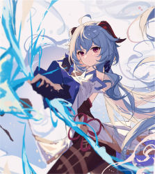 Rule 34 | 1girl, absurdres, ahoge, bare shoulders, black gloves, blue hair, bodystocking, chinese commentary, commentary request, cowboy shot, detached sleeves, dress, ganyu (genshin impact), genshin impact, gloves, hair between eyes, highres, horns, long hair, long sleeves, looking at viewer, red eyes, solo, standing, thighs, very long hair, white dress, wide sleeves, yajuu