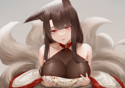 Rule 34 | 1girl, absurdres, akagi (azur lane), akagi (dawn phoenix&#039;s summons) (azur lane), animal ear fluff, animal ears, artist name, azur lane, bare shoulders, black legwear, blush, bodystocking, breasts, brown hair, china dress, chinese clothes, cleavage, closed mouth, collarbone, dress, fox ears, fox tail, highres, ichikushi mojibake, large breasts, lips, long hair, looking at viewer, nail polish, official alternate costume, red eyes, red nails, shaded face, simple background, solo, tail, upper body, white dress