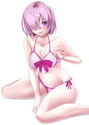 Rule 34 | 1girl, :d, adapted costume, bikini, blush, breasts, cleavage, collarbone, fate/grand order, fate (series), hair over one eye, mash kyrielight, mash kyrielight (swimsuit of perpetual summer), medium breasts, official alternate costume, open mouth, pink hair, purple eyes, shirakawa (pixiv21273343), short hair, side-tie bikini bottom, simple background, sitting, smile, solo, swimsuit, white background, white bikini