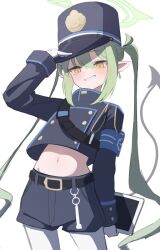 Rule 34 | 1girl, belt, black belt, black hat, black jacket, black shorts, black tail, blue archive, blush, cowboy shot, demon tail, earrings, gloves, green hair, green halo, grin, hair between eyes, halo, hat, highlander twintails conductor (blue archive), highres, jacket, jewelry, long hair, long sleeves, navel, pantyhose, peaked cap, pointy ears, shorts, simple background, single earring, smile, solo, standing, tail, white background, white gloves, white pantyhose, yako mashiro, yellow eyes