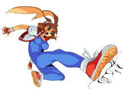 Rule 34 | 1boy, 1girl, animal ears, black eyes, blue bodysuit, bodysuit, breasts, brown hair, fingerless gloves, flying kick, gloves, goggles, goggles on head, grin, highres, jacket, kicking, large breasts, makihara arina, open clothes, open jacket, open mouth, rabbit ears, shoes, short hair, short sleeves, simple background, smile, sneakers, solo focus, unknown showhey, waku waku 7, white background