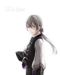 Rule 34 | 1boy, bad id, bad pixiv id, braid, character name, fire emblem, fire emblem fates, from side, gloves, grey hair, hair between eyes, jakob (fire emblem), long hair, low ponytail, male focus, nintendo, ouka-63, purple eyes, simple background, solo, white background