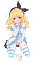 Rule 34 | +++ (artist), 1boy, :o, alice (alice in wonderland), alice in wonderland, black footwear, blonde hair, blue eyes, blush, bottle, censored, clothes lift, cum, dress, dress lift, drooling, erection, frilled dress, frills, genderswap, genderswap (ftm), hair ribbon, kneeling, long hair, looking at viewer, male focus, male masturbation, mary janes, masturbation, no panties, open mouth, original, penis, ribbon, saliva, shoes, solo, striped clothes, striped thighhighs, tears, testicles, thighhighs, trap