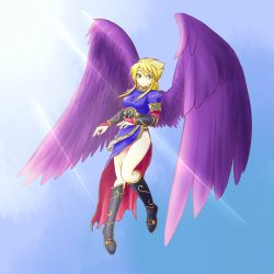 Rule 34 | 1girl, angel wings, black wings, blonde hair, blush, boots, bracer, breasts, breath of fire, breath of fire ii, bridal gauntlets, day, dress, female focus, green eyes, highres, knee boots, large breasts, large wings, legs, long hair, long legs, nina (breath of fire ii), no panties, side slit, sidelocks, sky, solo, thighs, torisei8, white background, wings