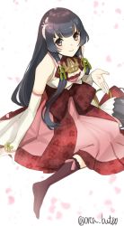 Rule 34 | 1girl, alternate color, black hair, bridal gauntlets, brown eyes, cherry blossoms, commentary request, detached sleeves, dress, hair ribbon, hair tubes, highres, kantai collection, long hair, looking at viewer, low-tied long hair, mizuho (kancolle), petals, red dress, ribbon, sidelocks, sitting, smile, solo, twitter username, very long hair, white background, yamashichi (mtseven), yokozuwari