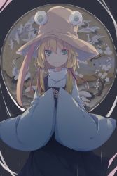 Rule 34 | 1girl, bird, blonde hair, branch, cherry blossoms, closed mouth, commentary, dress, gavrof, green eyes, grey dress, hair ribbon, hands up, hat, highres, long hair, long sleeves, looking at viewer, moriya suwako, own hands together, red ribbon, ribbon, shirt, solo, tongue, touhou, upper body, v-shaped eyebrows, wavy mouth, white shirt, wide sleeves, yellow hat