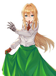 Rule 34 | 10s, 1girl, absurdres, blonde hair, blue eyes, braid, glove in mouth, gloves, green skirt, hair between eyes, hair intakes, hair ribbon, highres, long hair, looking at viewer, mouth hold, qaq, ribbon, simple background, skirt, skirt hold, solo, violet evergarden, violet evergarden (series), white background