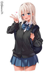 Rule 34 | 1girl, :d, alternate costume, artist name, backpack, bag, black cardigan, blue bow, blue bowtie, blue eyes, blue skirt, blush, bow, bowtie, cardigan, collared shirt, cowboy shot, dark-skinned female, dark skin, dress shirt, ebifurya, hair between eyes, hand up, hashtag-only commentary, heart, highres, kantai collection, long hair, looking at viewer, open mouth, pleated skirt, ro-500 (kancolle), school uniform, shirt, simple background, skirt, smile, solo, teeth, twitter username, upper teeth only, very long hair, w, white background, white hair, white shirt