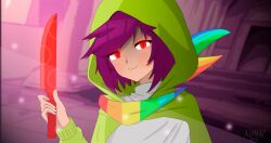 Rule 34 | absurdres, admant, cape, chara (undertale), glowing, glowing eyes, green cape, highres, holding, holding knife, holding weapon, knife, light smile, non-web source, purple hair, red eyes, self-upload, shirt, short hair, storyshift, undertale, weapon, white shirt