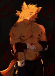 Rule 34 | 1boy, bandage on face, bandages, bara, black gloves, black pants, blood, blood on arm, closed mouth, collarbone, dog boy, dog x bloods, fingerless gloves, furry, furry male, gloves, grabbing own arm, grimace, highres, male focus, muscular, muscular male, nipples, p7ywirzyw8lesuc, pants, pectorals, red eyes, sad, short ponytail, solo, topless male, tugou (dogxbloods)