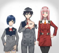 Rule 34 | 10s, 1boy, 1girl, 2girls, barcode, barcode tattoo, black hair, black pantyhose, blue-framed eyewear, blue eyes, blue hair, candy, collarbone, couple, darling in the franxx, eyes visible through hair, food, green eyes, hair between eyes, hair ornament, hairband, hairclip, hand in pocket, hand on own hip, height chart, highres, hiro (darling in the franxx), horns, ichigo (darling in the franxx), in mouth, kaz (kaazzz0416), lifting own clothes, lineup, lollipop, long hair, looking at viewer, military, military uniform, multiple girls, necktie, oni horns, orange neckwear, pantyhose, pink hair, red horns, red neckwear, short hair, smile, smirk, tattoo, uniform, white hairband, zero two (darling in the franxx)