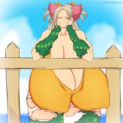 Rule 34 | 1girl, animal ears, animated, artist name, blonde hair, bouncing breasts, breasts, cleavage, covered erect nipples, fence, gigantic breasts, green eyes, hanging breasts, hataraki ari, long hair, looking away, no bra, parra, solo, standing, bouncing breasts, torn clothes, video
