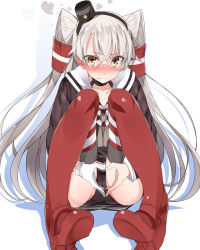 Rule 34 | 10s, 1girl, amatsukaze (kancolle), black panties, blush, brown eyes, cameltoe, choker, commentary request, dress, garter straps, gloves, hair tubes, heart, heart hands, highres, kantai collection, knees together feet apart, long hair, looking at viewer, mtu (orewamuzituda), nose blush, panties, red thighhighs, sailor collar, sailor dress, short dress, silver hair, single glove, sitting, solo, striped clothes, striped thighhighs, thighhighs, two side up, underwear, white gloves