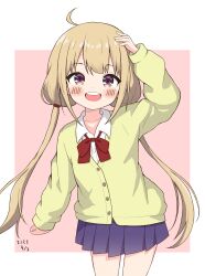 Rule 34 | 1girl, absurdres, ahoge, blonde hair, blue skirt, blush, bow, bowtie, buttons, cardigan, commentary, dated, flat chest, futaba anzu, hand up, highres, idolmaster, idolmaster cinderella girls, inusoku, long hair, long sleeves, looking at viewer, low twintails, open mouth, pink background, pleated skirt, purple eyes, red bow, red bowtie, shirt, sidelocks, skirt, smile, solo, teeth, twintails, upper teeth only, white shirt, wing collar, yellow cardigan