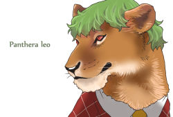 Rule 34 | animalization, ascot, english text, green hair, kazami yuuka, lion, looking to the side, no humans, onikobe rin, plaid, plaid vest, red eyes, short hair, simple background, touhou, upper body, white background