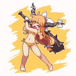 Rule 34 | 1girl, ;d, bare arms, bare legs, bare shoulders, barefoot, bikini, blunt bangs, blush stickers, bow, bracelet, club, club (weapon), commentary request, fang, full body, hair bow, holding, holding weapon, horn bow, horn ornament, horns, huge weapon, ibuki suika, jewelry, kanabou, kumamoto (bbtonhk2), long hair, looking at viewer, low-tied long hair, lowres, navel, one eye closed, open mouth, orange background, orange eyes, orange hair, pixel art, sidelocks, smile, solo, spiked club, standing, striped, swimsuit, touhou, two-tone background, vertical stripes, very long hair, weapon, white bow, yellow bikini