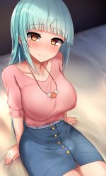 Rule 34 | 1girl, absurdres, akiamare, aqua hair, bed, belt, blue skirt, blunt bangs, blush, breasts, bulge, buttons, closed mouth, collarbone, futanari, futatama channel, futatama tsukasa, heart, heart-shaped pupils, highres, indie virtual youtuber, jewelry, large breasts, long hair, looking at viewer, miniskirt, mole, mole under eye, necklace, nose blush, on bed, orange eyes, pink shirt, shirt, short sleeves, sitting, skirt, smile, solo, symbol-shaped pupils, very long hair, virtual youtuber, white belt
