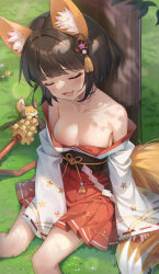 Rule 34 | 1girl, :d, against tree, animal ear fluff, animal ears, arm at side, bare shoulders, bell, between legs, breasts, brown hair, closed eyes, collarbone, day, fang, feet out of frame, floral print, fox, fox ears, fox girl, fox tail, grass, hair ornament, hand between legs, head tilt, highres, japanese clothes, jingle bell, kagura suzu, kimono, lens flare, light blush, long sleeves, makeup, n3moni, off shoulder, on grass, open mouth, orange ribbon, original, outdoors, pleated skirt, red skirt, ribbon, short hair, skin fang, skirt, sleeves past wrists, small breasts, smile, solo, straight hair, sunlight, tail, tree, white kimono, white sleeves, wide sleeves