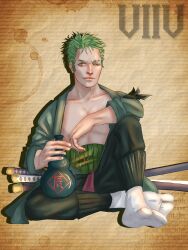 Rule 34 | 1boy, bottle, closed mouth, full body, green eyes, green hair, highres, holding, holding bottle, katana, looking at viewer, male focus, nika viiv, one eye closed, one piece, open clothes, roronoa zoro, scar, scar across eye, short hair, signature, sitting, smile, socks, solo, sword, weapon, white socks
