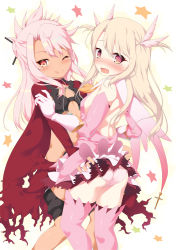 Rule 34 | 2girls, @ @, armor, ascot, ass, back, backless dress, backless outfit, blush, boots, breastplate, breasts, cape, chloe von einzbern, dark-skinned female, dark skin, dress, fate/kaleid liner prisma illya, fate (series), feather hair ornament, feathers, gloves, hair ornament, hairpin, half updo, ichio, illyasviel von einzbern, licking lips, long hair, looking at viewer, magical girl, md5 mismatch, multiple girls, one eye closed, open mouth, orange eyes, pink dress, pink footwear, pink gloves, pink hair, pink sleeves, prisma illya, resolution mismatch, shrug (clothing), simple background, small breasts, smile, source larger, star (symbol), thigh boots, thighhighs, thighs, tongue, tongue out, two side up, white background, yellow ascot