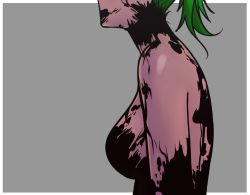 Rule 34 | 1girl, character request, closed mouth, colored skin, copyright request, from side, green hair, grey background, nude, painttool sai, ponytail, purple skin, simple background, solo, srasomeone, symbiote, tagme