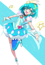 Rule 34 | 1girl, :d, back bow, blue bow, blue eyes, blue footwear, blue hair, blue neckwear, blue pantyhose, bow, bubble skirt, choker, cure milky, full body, hagoromo lala, hair ornament, hairband, highres, looking at viewer, magical girl, open mouth, outstretched arms, pantyhose, pointy ears, precure, puffy sleeves, see-through, see-through sleeves, shoes, shooting star hair ornament, short hair, single leg pantyhose, skirt, smile, solo, spread arms, star (symbol), star hair ornament, star in eye, star twinkle precure, symbol in eye, tsunemi aosa, wrist cuffs, yellow hairband