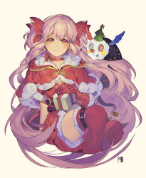 Rule 34 | 1girl, :p, absurdly long hair, alternate costume, arm at side, bell, belt, blush, boots, box, breasts, capelet, charlotte (madoka magica), choker, christmas, christmas tree, closed mouth, commentary, cropped legs, dot nose, earrings, eyelashes, floating hair, fur-trimmed capelet, fur-trimmed gloves, fur-trimmed legwear, fur-trimmed skirt, fur trim, gift, gift box, gloves, hair between eyes, hair ribbon, happy, highres, jewelry, jingle bell, jingle bell earrings, kaname madoka, legs together, light particles, long hair, mahou shoujo madoka magica, mahou shoujo madoka magica (anime), medium breasts, multicolored eyes, pink hair, red capelet, red choker, red footwear, red gloves, red neckwear, red ribbon, red thighhighs, ribbon, ribbon choker, santa costume, sidelocks, simple background, skirt, smile, solo, symbol-only commentary, thigh boots, thighhighs, tongue, tongue out, two side up, ultimate madoka, velahka, very long hair, white background, witch (madoka magica), yellow eyes, zettai ryouiki