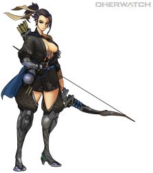 Rule 34 | 1girl, absurdres, areola slip, armor, arrow (projectile), black hair, bow (weapon), breasts, dragon tattoo, female focus, full body, genderswap, genderswap (mtf), gloves, greaves, hair ribbon, hanzo (overwatch), highres, holding, holding weapon, japanese clothes, long hair, looking at viewer, medium breasts, muhut, off shoulder, overwatch, overwatch 1, parody, ponytail, quiver, ribbon, simple background, single glove, solo, standing, strap, tattoo, title parody, weapon, white background