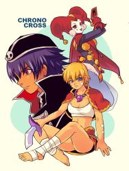 Rule 34 | 1boy, 2girls, 8warebw, ass, bandaged ankle, barefoot, bead necklace, beads, bell, black headwear, blonde hair, blue eyes, blue hair, body markings, breasts, cape, card, chrono cross, cleavage, crop top, cropped jacket, crossed ankles, dagger, dark serge (chrono cross), earrings, facepaint, facial mark, full body, gloves, hair between eyes, hair ribbon, hand up, harle (chrono cross), harlequin, hat, high collar, highres, holding, holding card, holding dagger, holding knife, holding weapon, jacket, jacket on shoulders, jester, jester cap, jewelry, kid (chrono cross), knife, long hair, long sleeves, medium breasts, metal bra, midriff, miniskirt, multi-tied hair, multiple girls, necklace, no shoes, open mouth, pom pom (clothes), pom pom earrings, ponytail, red cape, red eyes, red gloves, red headwear, red jacket, red ribbon, red skirt, ribbon, see-through, see-through legwear, shirt, short hair, short sleeves, sitting, skirt, skull, smile, teardrop facial mark, thighs, upper body, weapon, white shirt, yellow background