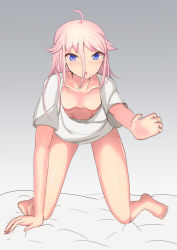 Rule 34 | 1girl, absurdres, all fours, bed, blouse, blue eyes, breasts, cevio, cleavage, downblouse, extended downblouse, female focus, hair between eyes, hanging breasts, highres, ia (vocaloid), nipples, pink hair, shirt, simple background, small breasts, solo, t-shirt, vocaloid, white shirt