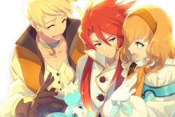 Rule 34 | 1girl, 2boys, ascot, blonde hair, echo (circa), gloves, green eyes, guy cecil, hairband, luke fon fabre, multiple boys, natalia luzu kimlasca lanvaldear, open mouth, orange ascot, red hair, short hair, simple background, smile, tales of (series), tales of the abyss, white background