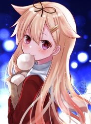 Rule 34 | 1girl, absurdres, bag, baozi, black ribbon, blonde hair, coat, commentary request, food, hair flaps, hair ornament, hair ribbon, hairclip, highres, kantai collection, long hair, looking at viewer, mashiro yukiya, mouth hold, night, one-hour drawing challenge, paper bag, red coat, red eyes, ribbon, scarf, solo, white scarf, yuudachi (kancolle), yuudachi kai ni (kancolle)