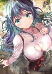 Rule 34 | 1girl, amano nene (vtuber), blue eyes, blush, breasts, cleavage, cleavage cutout, clothing cutout, highres, large breasts, long hair, looking at viewer, ogata tei, production kawaii, smile, solo, virtual youtuber
