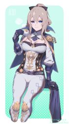 Rule 34 | 1girl, aoi suzu, arm support, blonde hair, blue capelet, blue eyes, border, breasts, capelet, cleavage, coattails, commentary request, cup, genshin impact, green background, hair ribbon, high ponytail, highres, holding, holding cup, jean (genshin impact), medium breasts, multicolored capelet, pants, ponytail, ribbon, sidelocks, smile, solo, tight clothes, tight pants, white border, white pants