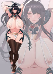 1girl anklet armlet armpits arms_behind_head au_ra black_hair blood_hood blush breasts brown_eyes brown_thighhighs choker cleavage commission covered_erect_nipples dragon_horns dragon_tail eyebrows_hidden_by_hair final_fantasy final_fantasy_xiv grey_background groin hair_between_eyes highres horns huge_breasts jewelry lips long_hair looking_at_viewer multiple_views navel pelvic_curtain ponytail revealing_clothes sapphira_nyx scales second-party_source see-through_clothes simple_background slit_pupils smile standing standing_on_one_leg stomach tail thighhighs tiptoes toeless_legwear toes very_long_hair warrior_of_light_(ff14)