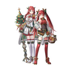 Rule 34 | 2girls, antlers, apple, armor, basket, boots, breastplate, breasts, christmas tree, christmas wreath, cordelia (fire emblem), cordelia (winter) (fire emblem), detached sleeves, fake antlers, fire emblem, fire emblem awakening, fire emblem fates, fire emblem heroes, food, frilled skirt, frills, fruit, garter straps, green ribbon, hair ornament, holding, holding basket, holding polearm, holding weapon, horns, long hair, looking at viewer, mistletoe hair ornament, mother and daughter, multiple girls, nintendo, official alternate costume, official art, polearm, red eyes, red hair, reindeer antlers, ribbon, selena (fire emblem fates), shoulder armor, skirt, small breasts, thigh boots, thighhighs, thighs, twintails, v-shaped eyebrows, very long hair, weapon, wreath