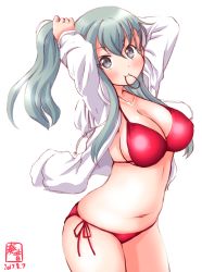 Rule 34 | 10s, 1girl, 2017, aqua hair, artist name, bikini, breasts, cleavage, cowboy shot, dated, grey eyes, highres, jacket, kanon (kurogane knights), kantai collection, large breasts, logo, long hair, looking at viewer, mouth hold, open clothes, open jacket, ponytail, red bikini, rubber band, side-tie bikini bottom, simple background, solo, standing, string bikini, suzuya (kancolle), swimsuit, white background, white jacket