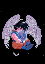 Rule 34 | 1boy, absurdres, angel wings, ankle boots, black hair, blue footwear, blue sash, blue wristband, boots, closed mouth, dark background, dot nose, dougi, dragon ball, dragon ball super, dragonball z, closed eyes, feathered wings, feathers, fingernails, floating, full body, glowing, halo, happy, head tilt, highres, kodama (marugoto omikan), light smile, male focus, muscular, obi, hugging object, sash, short sleeves, simple background, solo, son goku, sparkle, spiked hair, symbol-only commentary, white wings, wings, wristband