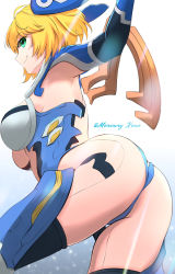 Rule 34 | 1girl, absurdres, alternate form, armor, ass, blonde hair, breasts, cyborg, elbow gloves, fiora (xenoblade), from behind, from below, gloves, green eyes, headgear, highres, medium breasts, mercury xeno, shiny skin, short hair, sideboob, smile, solo, thick thighs, thighhighs, thighs, xenoblade chronicles (series), xenoblade chronicles 1