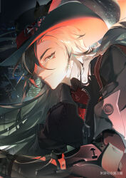 Rule 34 | 1boy, absurdres, black eyes, black feathers, black hair, black hat, black jacket, boothill (honkai: star rail), chinese commentary, cityscape, commentary request, cowboy hat, crosshair pupils, earrings, feathers, from side, hat, hat feather, highres, honkai: star rail, honkai (series), jacket, jewelry, looking at viewer, male focus, mechanical arms, miyoushe watermark, mole, mole under eye, multicolored hair, outdoors, red pupils, red scarf, scarf, smile, solo, ste7619, two-tone hair, upper body, white hair, zipper pull tab