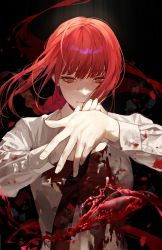 Rule 34 | 1girl, black pants, blood, blood on clothes, blouse, braid, braided ponytail, chainsaw man, collared shirt, highres, makima (chainsaw man), nea (nongta2002), necktie, neckwear request, office lady, pants, red hair, red necktie, ringed eyes, shirt, solo, white shirt, yellow eyes
