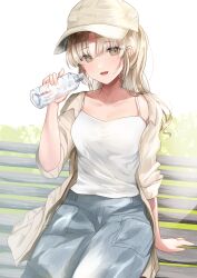 Rule 34 | 1girl, alternate costume, alternate hairstyle, arm support, baseball cap, bench, blonde hair, blue pants, bottle, breasts, brown eyes, brown hair, camisole, choppy bangs, collarbone, commentary request, denim, hat, highres, holding, holding bottle, jeans, kurage cc, light brown hair, long hair, looking at viewer, medium breasts, nijisanji, on bench, pants, park bench, ponytail, shirt, sister claire, sitting, sleeves rolled up, solo, spaghetti strap, taut clothes, taut shirt, virtual youtuber, water bottle, white camisole