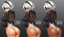 Rule 34 | 1girl, :/, alternate skin color, ass, black background, blindfold, breasts, closed mouth, covered erect nipples, dark-skinned female, dark skin, feather trim, from behind, gradient background, hairband, highres, large breasts, leotard, looking back, mole, mole under mouth, multiple views, nestkeeper, nier (series), nier:automata, pale skin, puffy sleeves, see-through, short hair, shoulder blades, silver hair, tan, thong leotard, wedgie, 2b (nier:automata)
