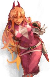 Rule 34 | 1girl, blonde hair, bodysuit, boots, breasts, chainsaw man, demon horns, gloves, hair between eyes, helmet, highres, horns, khyle., long hair, looking at viewer, open mouth, pink bodysuit, pink ranger, power (chainsaw man), power rangers, red eyes, sharp teeth, solo, teeth, tongue, v, weapon