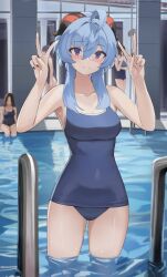 Rule 34 | 1girl, 4girls, absurdres, ahoge, black nails, blue hair, blush, breasts, competition swimsuit, dolri, double v, ganyu (genshin impact), genshin impact, highres, horns, light smile, long hair, looking at viewer, medium breasts, multiple girls, one-piece swimsuit, partially submerged, pool, purple eyes, sidelocks, solo, standing, swimsuit, thighs, v