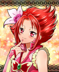 Rule 34 | 00s, 1girl, brooch, cure rouge, earrings, fingerless gloves, flipped hair, flower, frills, gloves, hair flower, hair ornament, hair ribbon, jewelry, kagami chihiro, magical girl, natsuki rin, pink flower, pink rose, precure, red eyes, red hair, ribbon, rose, short hair, smile, solo, star (symbol), starry background, yes! precure 5, yes! precure 5 gogo!