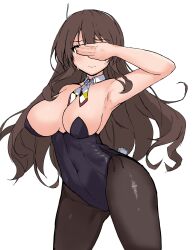Rule 34 | 1girl, ashigara (kancolle), black leotard, blush, breasts, brown eyes, brown hair, bunny day, covered navel, detached collar, embarrassed, hairband, highres, kantai collection, kinakomochi (testament05), leotard, long hair, medium breasts, multicolored neckerchief, neckerchief, pantyhose, playboy bunny, solo, strapless, strapless leotard, wavy hair, white background, white hairband, wrist cuffs